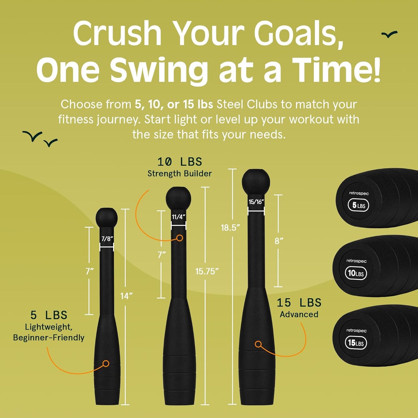 Grip Steel Club Strength Training, Rehabilitation, Stretching, Conditioning and Rotational Training - 5, 10, 15Lb Options for Women & Men