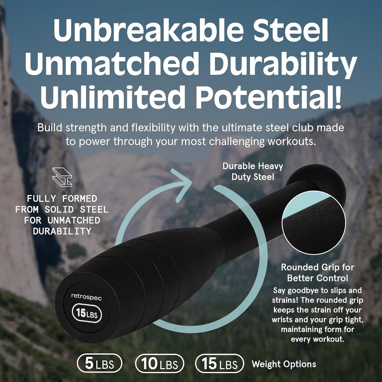 Grip Steel Club Strength Training, Rehabilitation, Stretching, Conditioning and Rotational Training - 5, 10, 15Lb Options for Women & Men