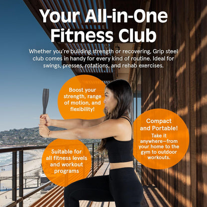 Grip Steel Club Strength Training, Rehabilitation, Stretching, Conditioning and Rotational Training - 5, 10, 15Lb Options for Women & Men
