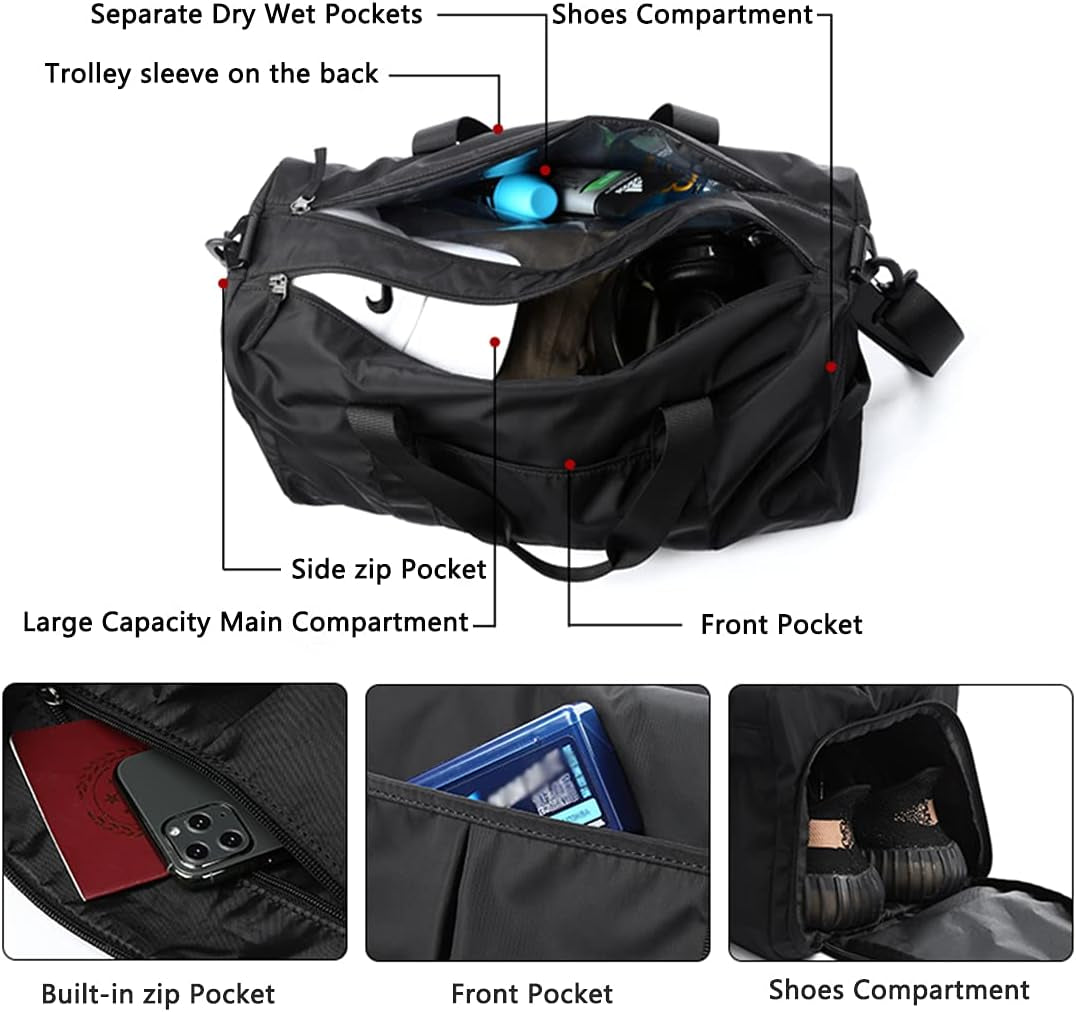 Sports Gym Duffel Bag for Men or Women Waterproof Weekender Travel Bag with Shoes Compartment Dry and Wet Separation for Training Swim Yoga(Black)
