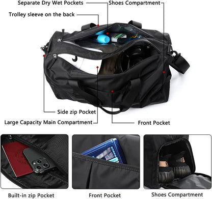 Sports Gym Duffel Bag for Men or Women Waterproof Weekender Travel Bag with Shoes Compartment Dry and Wet Separation for Training Swim Yoga(Black)